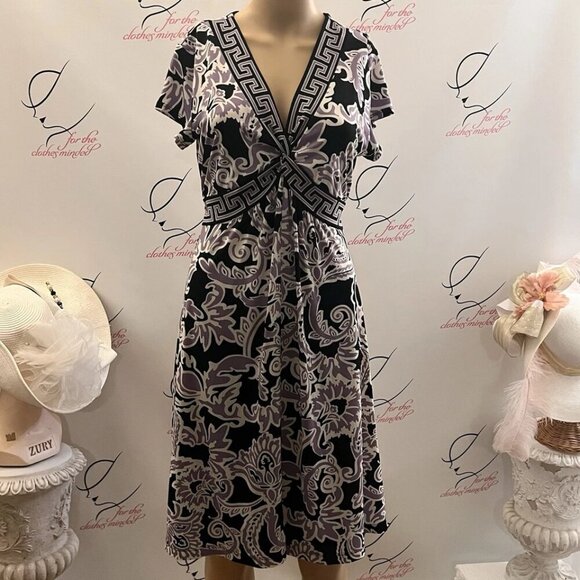 Apt 9. Sz PM.  Stretch Roman Key Border Tie Back Shift Sheath Purple. B114 - Picture 1 of 6